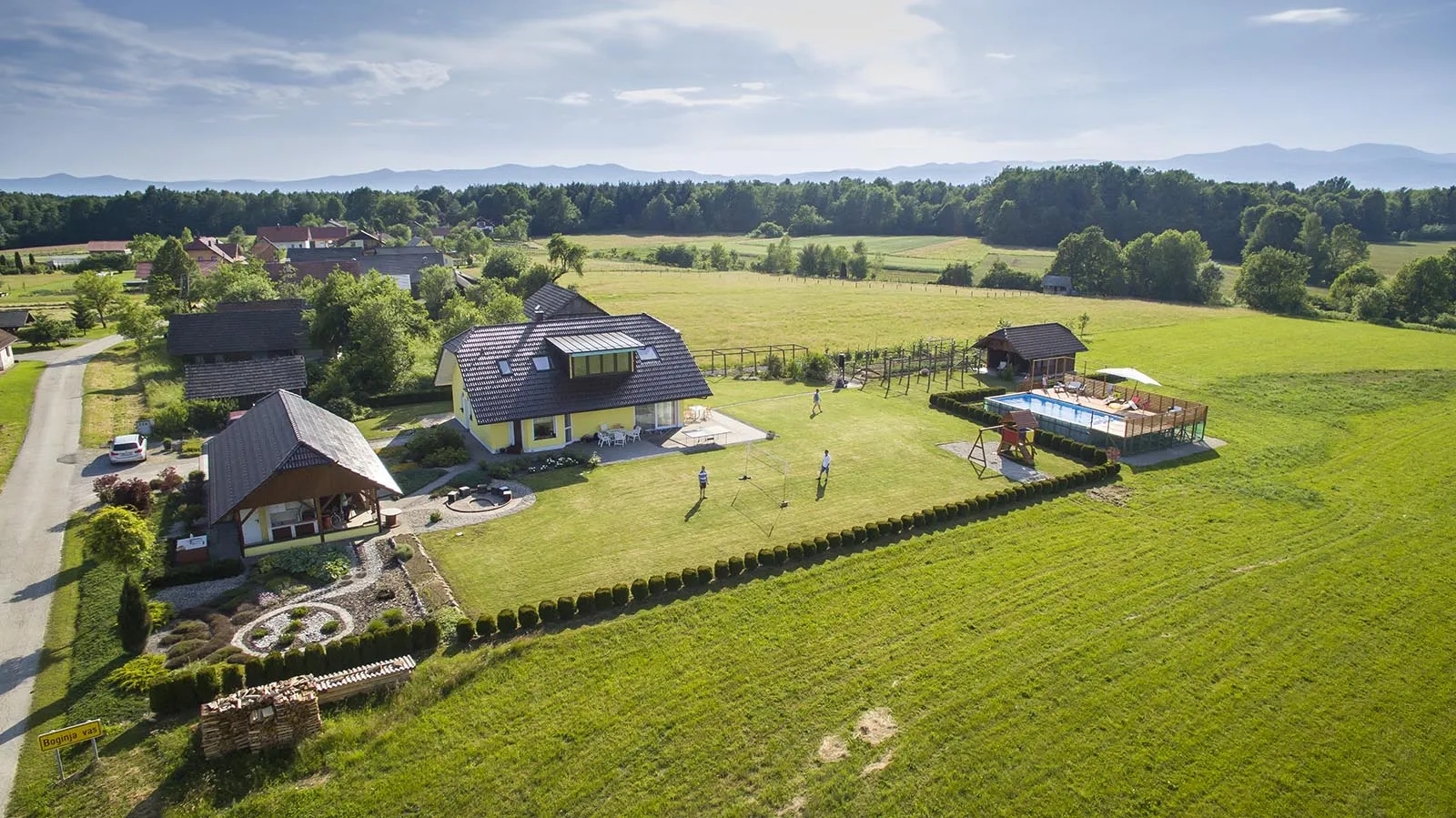 Aerial view of Residence Ana with its pool and garden